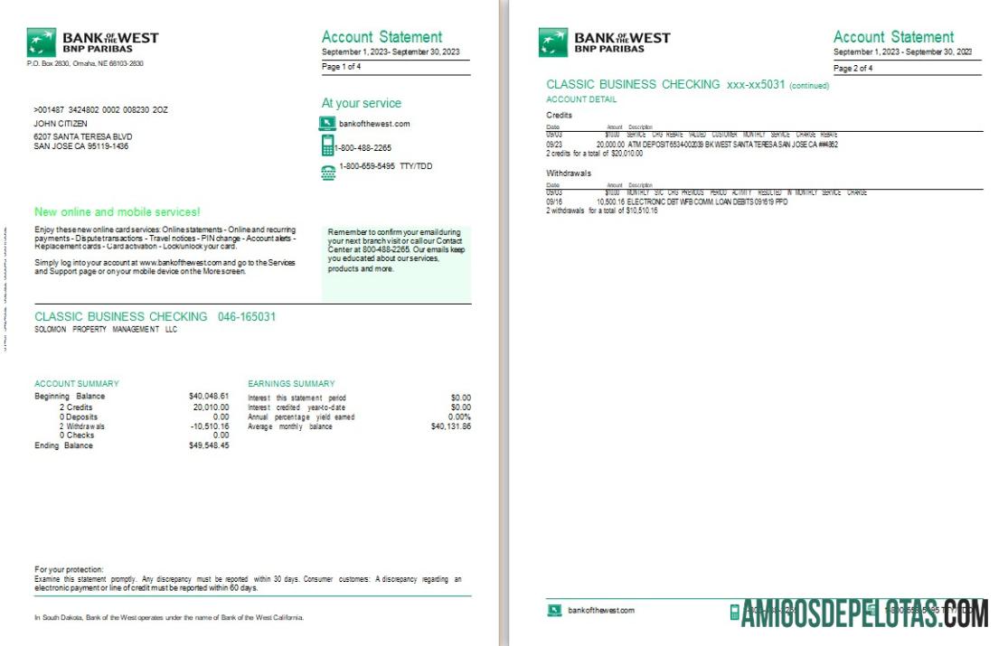 EUA Dakota do Sul Banco do Oeste BNP Paribas, modelo de 4 páginas